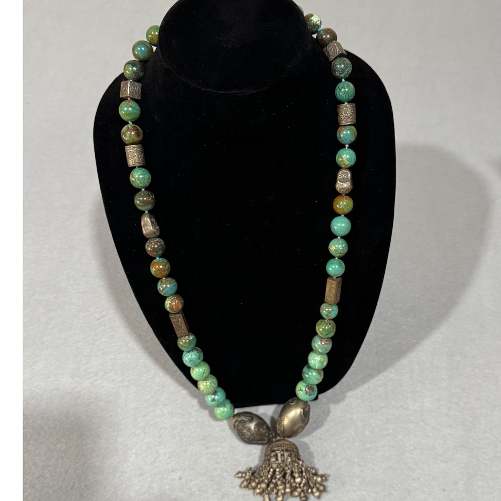Vintage Chinese Export Necklace Women Turquoise Dragon Tassel Hand Knotted Bead